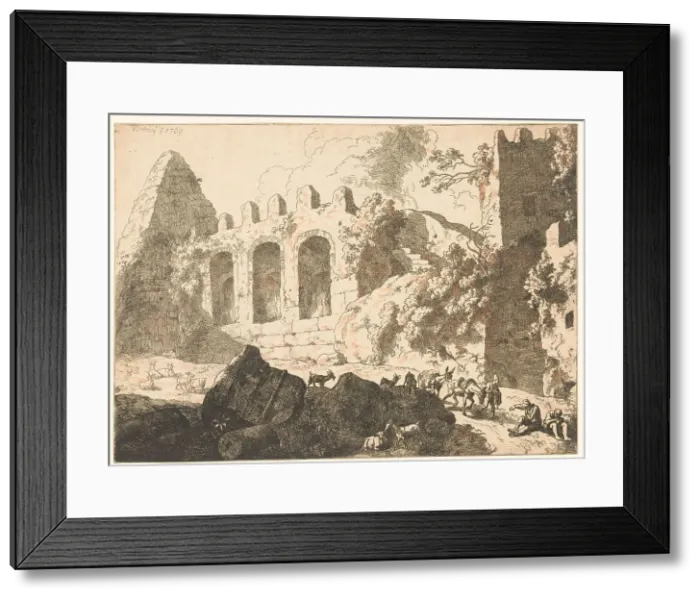 Framed Print : Landscape with ruins and a pyramid, 1769. Creator: Christian Wilhelm Ernst Dietrich Framed Print : Landscape with ruins and a pyramid, 1769. Creator: Christian Wilhelm Ernst Dietrich