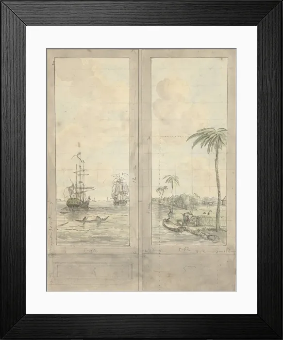 Framed Print : Design for two wallpapers: river with ships in the colonies, c.1752-c.1819. Creator: Juriaan Andriessen Framed Print : Design for two wallpapers: river with ships in the colonies, c.1752-c.1819. Creator: Juriaan Andriessen