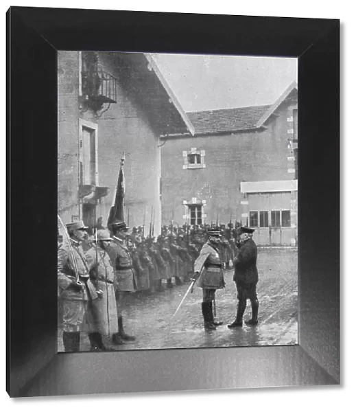 M. Poincare a Verdun; le general Mangin, salue de l'epee le President de la Republique qui... 1916 Creator: Unknown