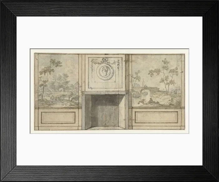 Framed Print : Design for room wall with fireplace in grey with medallion, c.1752-c.1819. Creator: Juriaan Andriessen Framed Print : Design for room wall with fireplace in grey with medallion, c.1752-c.1819. Creator: Juriaan Andriessen