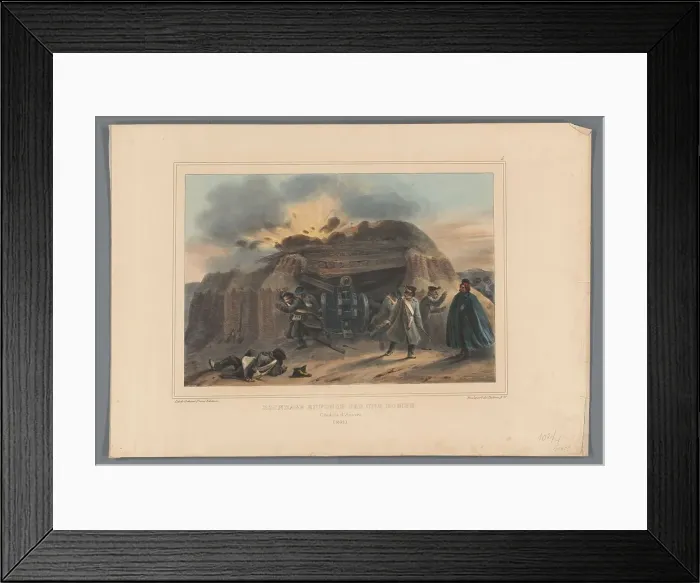 Framed Print : Gun emplacement hit by a bomb, 1832, (1833). Creator: Auguste Raffet Framed Print : Gun emplacement hit by a bomb, 1832, (1833). Creator: Auguste Raffet
