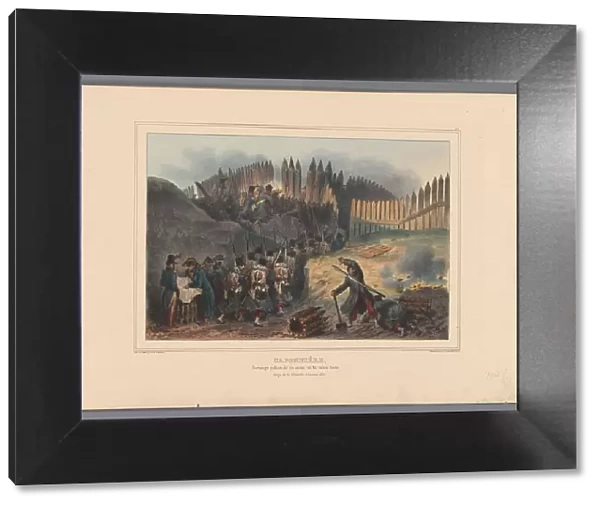 Group of soldiers file through an opening in the palisade, 1832, (1833). Creator: Auguste Raffet