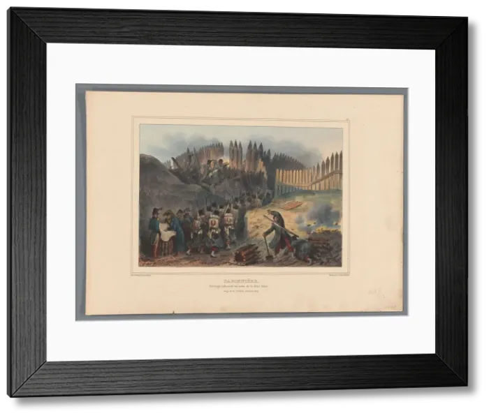 Framed Print : Group of soldiers file through an opening in the palisade, 1832, (1833). Creator: Auguste Raffet Framed Print : Group of soldiers file through an opening in the palisade, 1832, (1833). Creator: Auguste Raffet