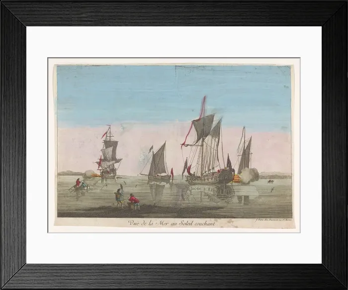 Framed Print : Seascape with ships and boats at sunset, 1745-1775. Creator: Unknown Framed Print : Seascape with ships and boats at sunset, 1745-1775. Creator: Unknown