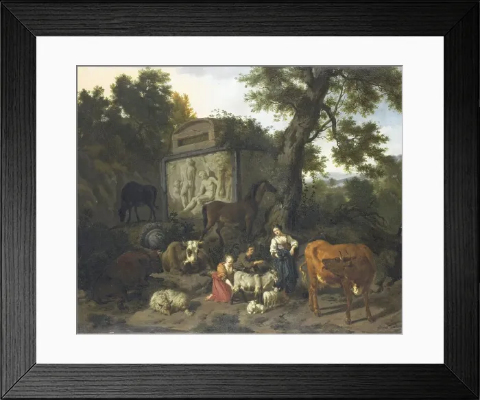 Framed Print : Landscape with Herdsmen and Cattle near a Tomb, 1660-1690. Creator: Dirk van Bergen Framed Print : Landscape with Herdsmen and Cattle near a Tomb, 1660-1690. Creator: Dirk van Bergen