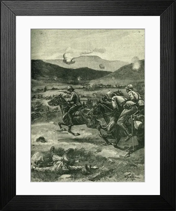 Framed Print : The Battle of Colenso: Lieutenant Roberts Galloping Forward... 1899, (c1900). Creator: William Barnes Wollen Framed Print : The Battle of Colenso: Lieutenant Roberts Galloping Forward... 1899, (c1900). Creator: William Barnes Wollen