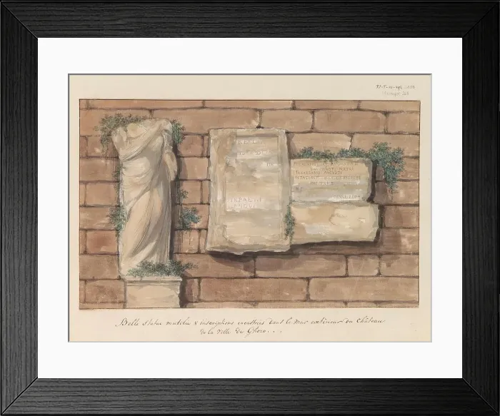 Framed Print : Damaged image and inscriptions bricked into wall of castle in the city of Gozo, 1778. Creator: Louis Ducros Framed Print : Damaged image and inscriptions bricked into wall of castle in the city of Gozo, 1778. Creator: Louis Ducros