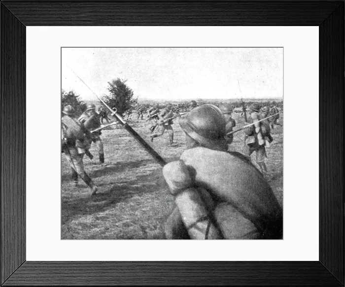 Framed Print : Visite du general Joffre aux troupes Russes en Champagne; Deux sections chargent l'une... 1916. Creator: Unknown Framed Print : Visite du general Joffre aux troupes Russes en Champagne; Deux sections chargent l'une... 1916. Creator: Unknown
