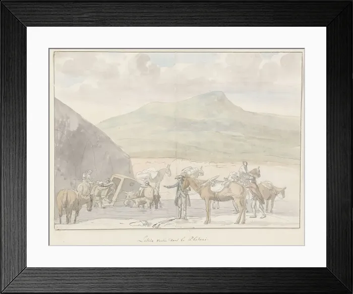 Framed Print : Tour company sedan chair overturns near river Platini, 1778. Creator: Louis Ducros Framed Print : Tour company sedan chair overturns near river Platini, 1778. Creator: Louis Ducros