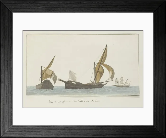Framed Print : Three ships: Two speronaras from Scilla and one tartane, 1778. Creator: Louis Ducros Framed Print : Three ships: Two speronaras from Scilla and one tartane, 1778. Creator: Louis Ducros