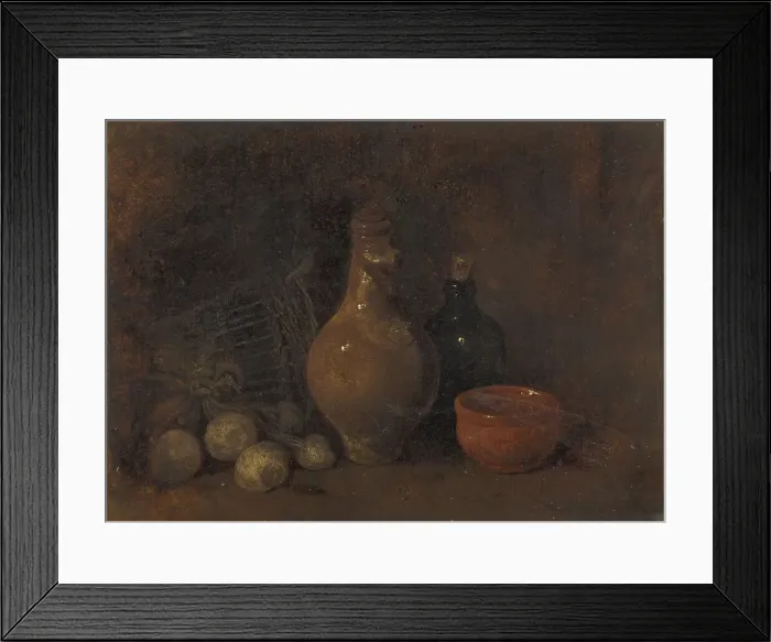 Framed Print : Still life with fruit, bottle and pottery, 1827-1887. Creator: Francois Bonvin Framed Print : Still life with fruit, bottle and pottery, 1827-1887. Creator: Francois Bonvin