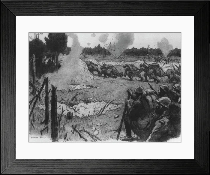 Framed Print : La Bataille de la Somme; La releve sous les Obus: Une a une, les sections gagnent le boyau... 1916 Creator: Georges Leroux Framed Print : La Bataille de la Somme; La releve sous les Obus: Une a une, les sections gagnent le boyau... 1916 Creator: Georges Leroux