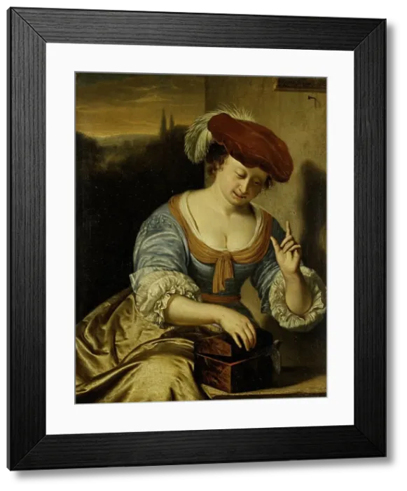 Framed Print : Escaped Bird: Allegory of Chastity, 1676. Creator: Frans van Mieris I Framed Print : Escaped Bird: Allegory of Chastity, 1676. Creator: Frans van Mieris I