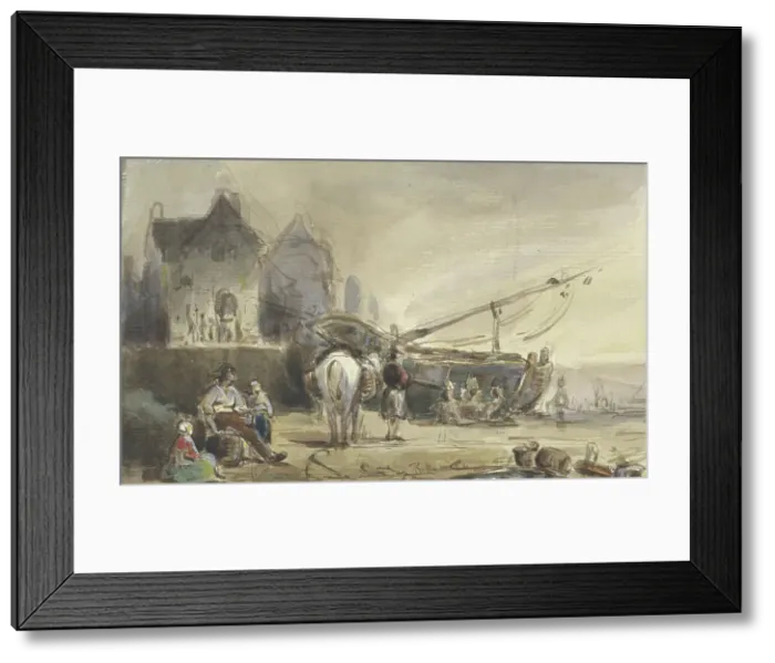 Framed Print : Beach view with boats and fishermen, 1832-1891. Creator: Herman Frederik Carel Ten Kate