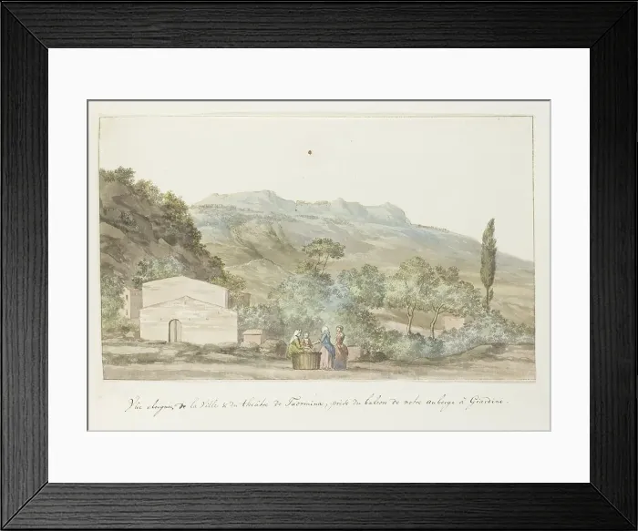 Framed Print : View of the town and theater of Taormina from the balcony of the inn at Giardini, 1778. Creator: Louis Ducros Framed Print : View of the town and theater of Taormina from the balcony of the inn at Giardini, 1778. Creator: Louis Ducros
