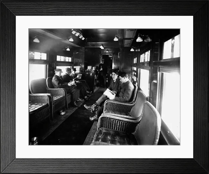 Framed Print : Buffet library car on a deluxe overland limited train, between 1910 and 1920. Creator: Unknown Framed Print : Buffet library car on a deluxe overland limited train, between 1910 and 1920. Creator: Unknown