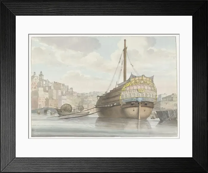Framed Print : View of harbour with galleon near the wharf, 1778. Creator: Louis Ducros Framed Print : View of harbour with galleon near the wharf, 1778. Creator: Louis Ducros