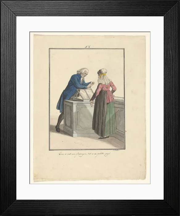 Framed Print : Shopkeeper of the Moravian Church with a customer, 1803-c.1899. Creator: J. Enklaar Framed Print : Shopkeeper of the Moravian Church with a customer, 1803-c.1899. Creator: J. Enklaar