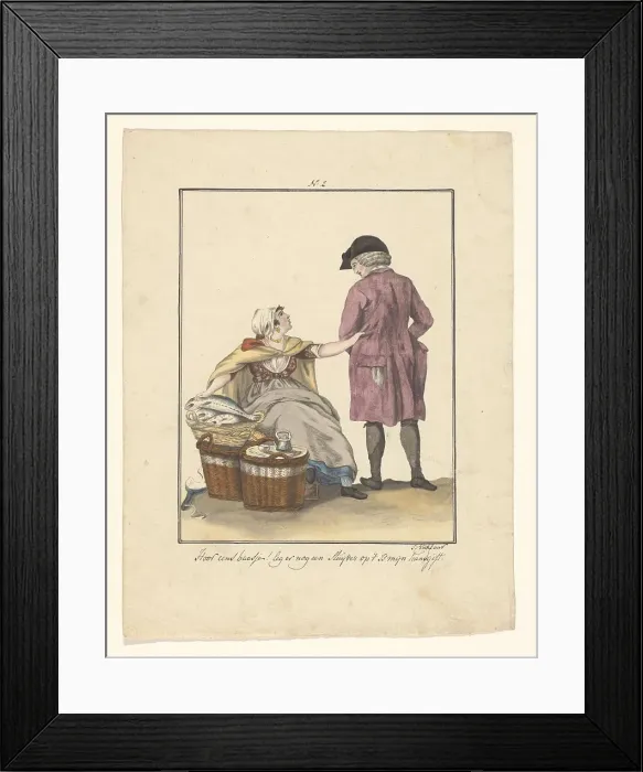 Framed Print : Fish seller and customer, 1803-c.1899. Creator: J. Enklaar Framed Print : Fish seller and customer, 1803-c.1899. Creator: J. Enklaar