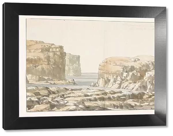 View of rock detached from shore in a cove on Gozo, 1778. Creator: Louis Ducros