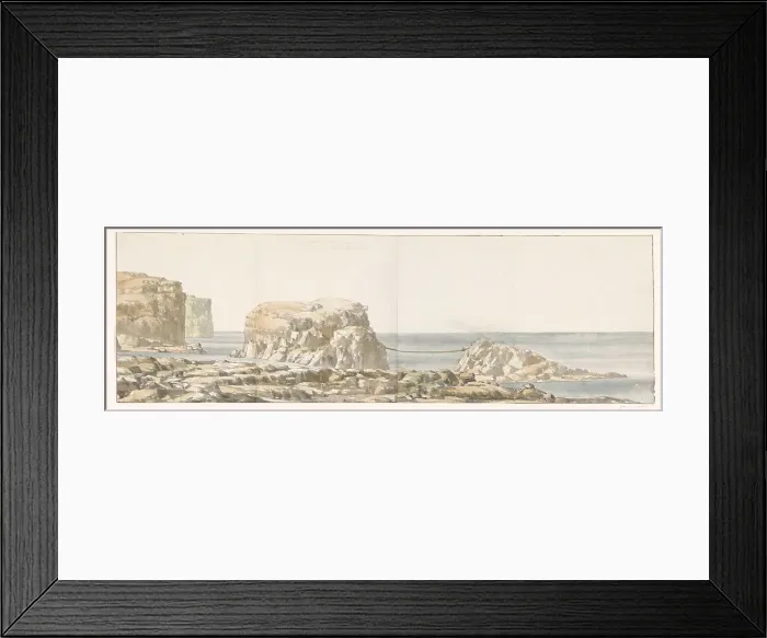 Framed Print : View of rock detached from shore in a cove on Gozo, 1778. Creator: Louis Ducros
