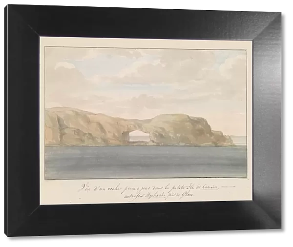 View of rock with hole on small island of Comino near Gozo, 1778. Creator: Louis Ducros