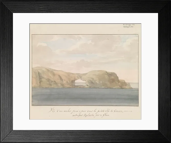 Framed Print : View of rock with hole on small island of Comino near Gozo, 1778. Creator: Louis Ducros Framed Print : View of rock with hole on small island of Comino near Gozo, 1778. Creator: Louis Ducros