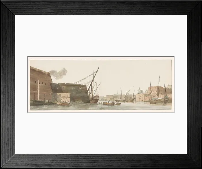Framed Print : View of a wharf in the port with ships in Malta, 1778. Creator: Louis Ducros Framed Print : View of a wharf in the port with ships in Malta, 1778. Creator: Louis Ducros