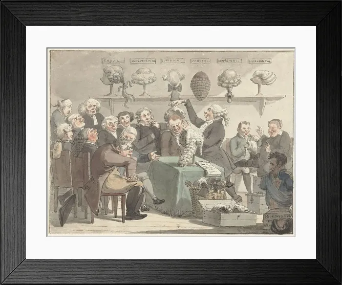 Framed Print : Men trying on wigs, 1800-1805. Creator: Jacob Smies Framed Print : Men trying on wigs, 1800-1805. Creator: Jacob Smies