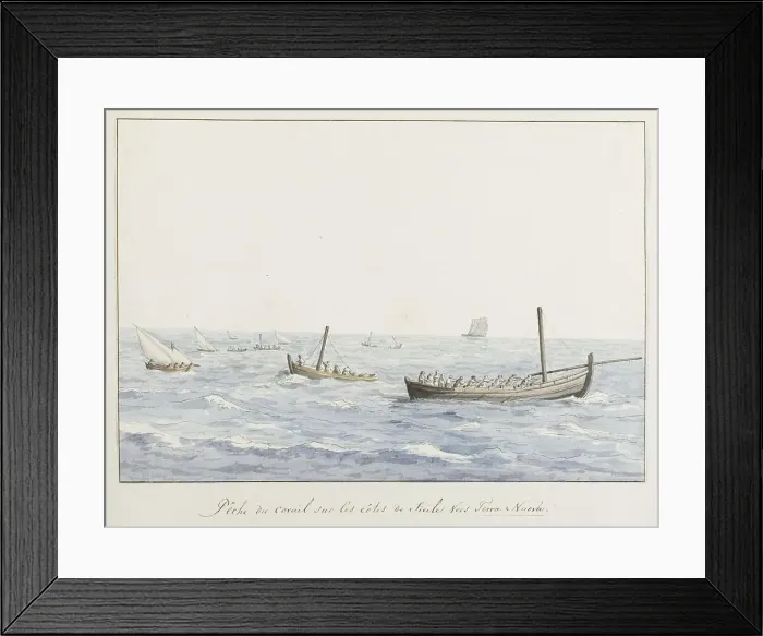 Framed Print : Coral fishermen off the coast of Sicily at Terranova, 1778. Creator: Louis Ducros Framed Print : Coral fishermen off the coast of Sicily at Terranova, 1778. Creator: Louis Ducros