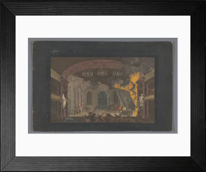 Framed Print : View of the fire on the stage of the Schouwburg in Amsterdam on 11 May 1772, (1772-1799). Creator: Anon Framed Print : View of the fire on the stage of the Schouwburg in Amsterdam on 11 May 1772, (1772-1799). Creator: Anon