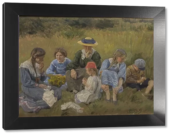 Rest in the meadow; The artist's wife and children, 1909. Creator: Joakim Skovgaard