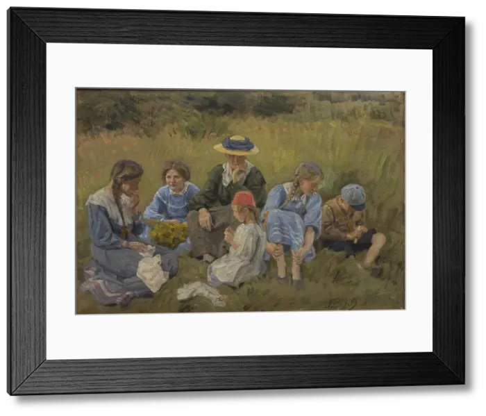 Framed Print : Rest in the meadow; The artist's wife and children, 1909. Creator: Joakim Skovgaard Framed Print : Rest in the meadow; The artist's wife and children, 1909. Creator: Joakim Skovgaard
