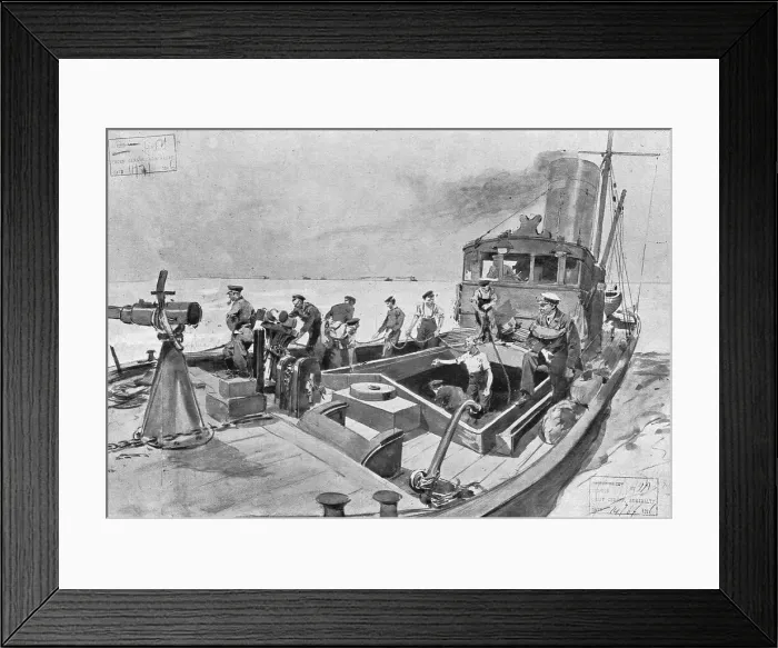 Framed Print : La flotte d'avant-garde; le dragage des mines. Batiment auxiliare a la recherche des sous... 1916. Creator: Frederic de Haenen Framed Print : La flotte d'avant-garde; le dragage des mines. Batiment auxiliare a la recherche des sous... 1916. Creator: Frederic de Haenen
