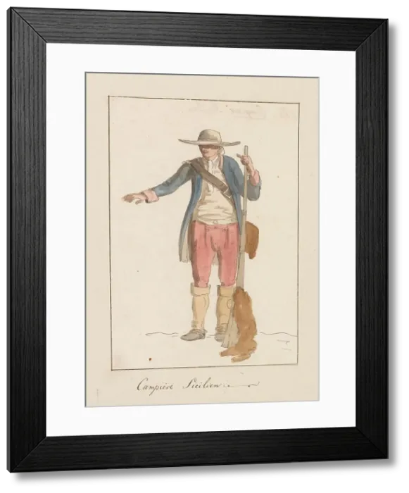 Framed Print : Sicilian man in local traditional costume, 1778. Creator: Louis Ducros Framed Print : Sicilian man in local traditional costume, 1778. Creator: Louis Ducros