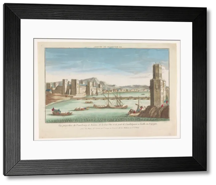 Framed Print : View of the Triana district, a bridge over the river Guadalquivir and the Torre del Oro...1735-1805. Creator: Unknown Framed Print : View of the Triana district, a bridge over the river Guadalquivir and the Torre del Oro...1735-1805. Creator: Unknown