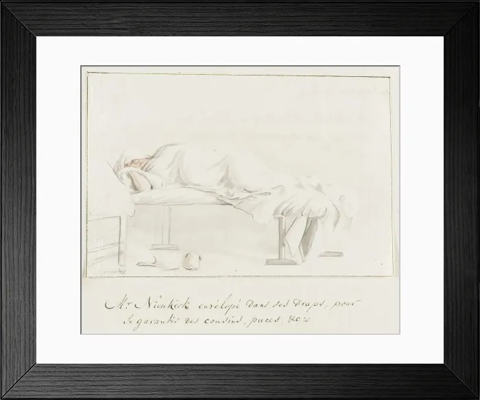 Framed Print : Willem Hendrik van Nieuwerkerke is wrapped in a sheet on his bed... 1778. Creator: Louis Ducros Framed Print : Willem Hendrik van Nieuwerkerke is wrapped in a sheet on his bed... 1778. Creator: Louis Ducros