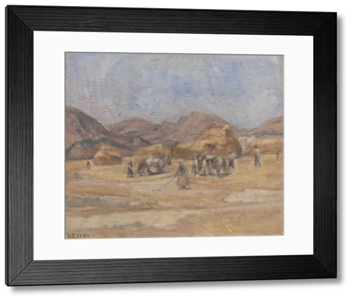 Framed Print : The threshing floor at Cività d'Antino; La battitura del grano a Cività d'Antino, 1920. Creator: Karl Schou Framed Print : The threshing floor at Cività d'Antino; La battitura del grano a Cività d'Antino, 1920. Creator: Karl Schou