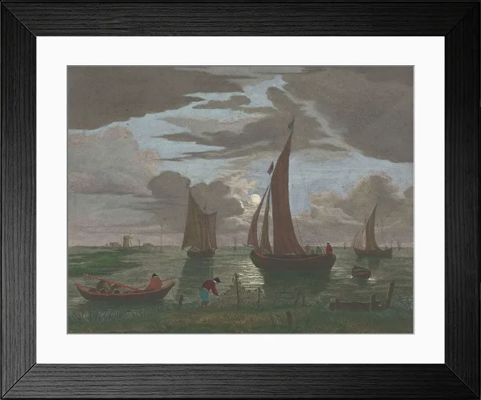 Framed Print : View off the coast with ships and boats on the water in moonlight, 1753-1797. Creators: Pierre François Basan, Pierre Fouquet, Pierre Jacques Duret Framed Print : View off the coast with ships and boats on the water in moonlight, 1753-1797. Creators: Pierre François Basan, Pierre Fouquet, Pierre Jacques Duret