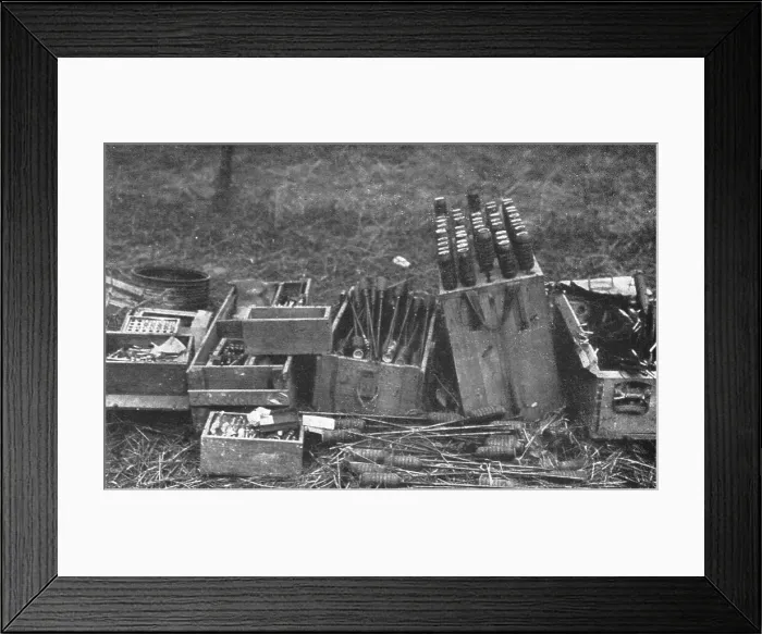 Framed Print : Materiel Allemand pris au sud de la Somme; Granades a fusilet caisses d'engins varies, 1916. Creator: Unknown Framed Print : Materiel Allemand pris au sud de la Somme; Granades a fusilet caisses d'engins varies, 1916. Creator: Unknown