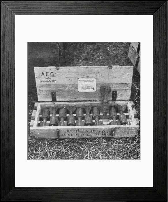 Framed Print : Materiel Allemand pris au sud de la Somme; Petites bombes a ailettes que nous appelons... 1916. Creator: Unknown Framed Print : Materiel Allemand pris au sud de la Somme; Petites bombes a ailettes que nous appelons... 1916. Creator: Unknown