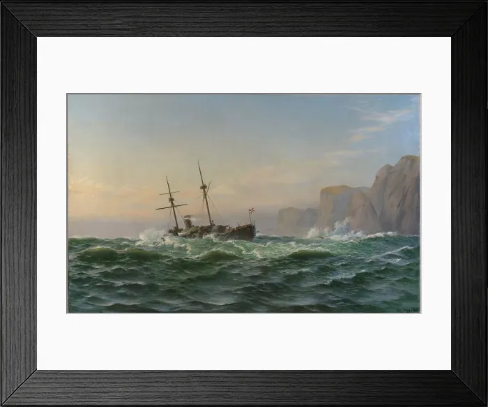 Framed Print : The armored ship Iver Hvitfeldt passes Forbjerget Stat on the way to Trondhjem...1893, 1894. Creator: Christian Blache. The armored ship Iver Hvitfeldt passes Forbjerget Stat on the way to Trondhjem...1893, 1894 Framed Print : The armored ship Iver Hvitfeldt passes Forbjerget Stat on the way to Trondhjem...1893, 1894. Creator: Christian Blache. The armored ship Iver Hvitfeldt passes Forbjerget Stat on the way to Trondhjem...1893, 1894