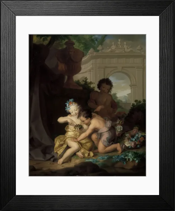 Framed Print : Three children playing with a bird's nest, 1718. Creator: Isaac Walraven Framed Print : Three children playing with a bird's nest, 1718. Creator: Isaac Walraven