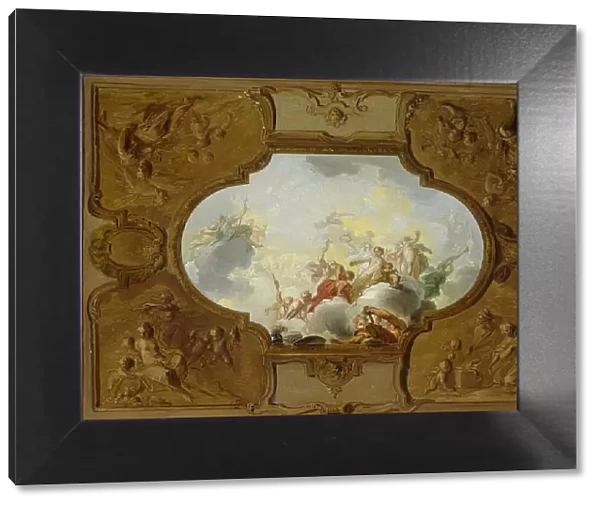 Design for a ceiling painting with the Apotheosis of Aeneas, in the corners the Four Seasons, c.1720 Creator: Jacob de Wit