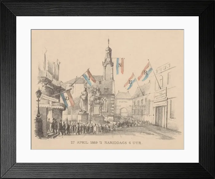 Framed Print : Menu card with flags, 27 April 1889. Creator: Theo van Hoytema