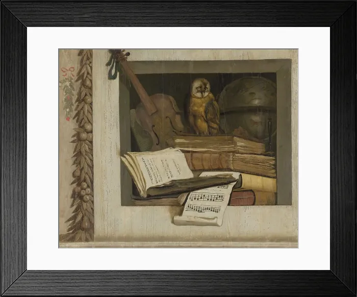 Framed Print : Still Life with Books, Sheet Music, Violin, Celestial Globe and an Owl, 1645-1650. Creator: Jacob van Campen Framed Print : Still Life with Books, Sheet Music, Violin, Celestial Globe and an Owl, 1645-1650. Creator: Jacob van Campen
