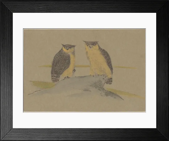 Framed Print : Greeting card with two owls, 1890. Creator: Theo van Hoytema