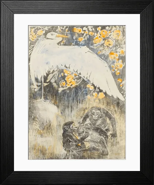 Framed Print : Heron with three monkeys, 1905. Creator: Theo van Hoytema Framed Print : Heron with three monkeys, 1905. Creator: Theo van Hoytema