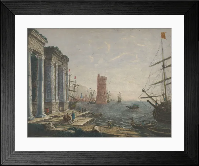 Framed Print : View of a harbour with ships and boats on the water, 1752. Creator: Thomas Major Framed Print : View of a harbour with ships and boats on the water, 1752. Creator: Thomas Major