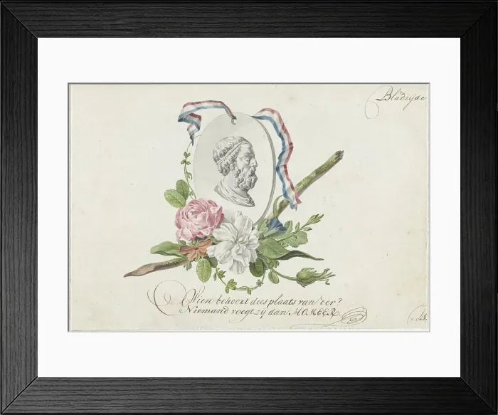Framed Print : Vignette with flowers, portrait medallion of Homer and ribbon, 1782. Creator: Willem Bilderdijk Framed Print : Vignette with flowers, portrait medallion of Homer and ribbon, 1782. Creator: Willem Bilderdijk